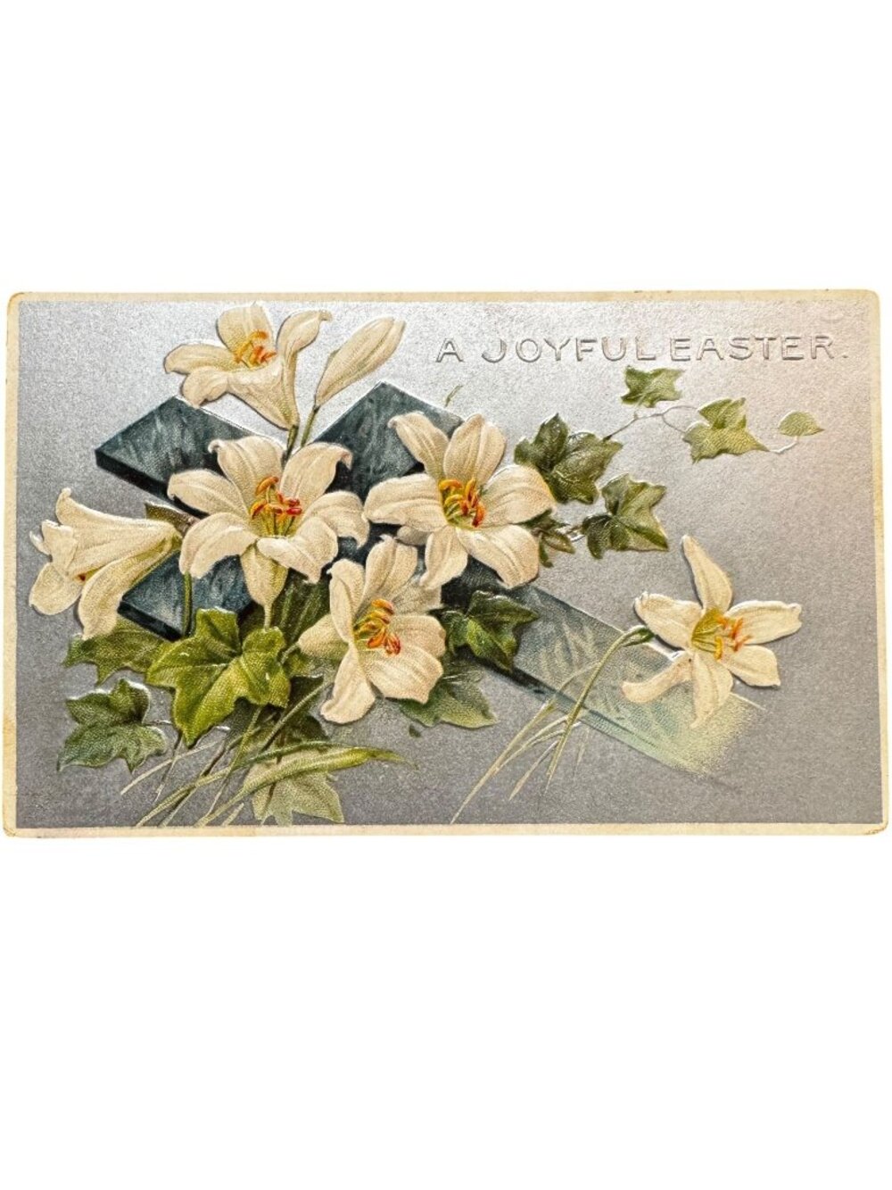 Vtg Embossed Easter Postcard "A Joyful Easter" White Lilies Printed In Germany